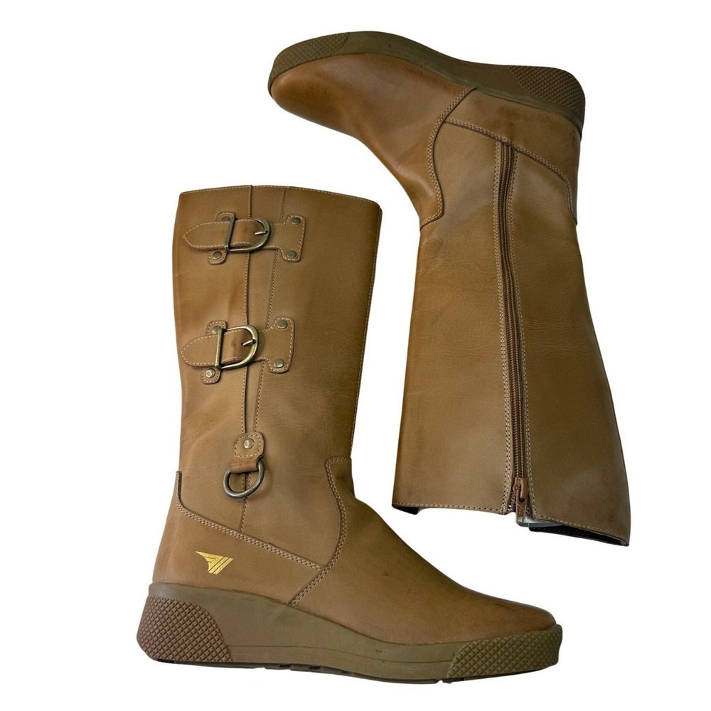Gola Wild Womens Tan Leather Tall Buckle Boots Side Zip Euro 37 US 6 New